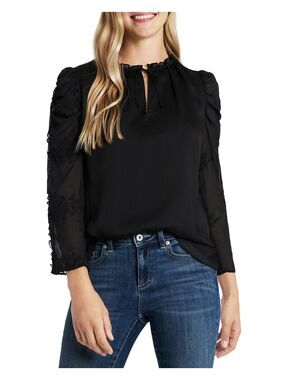CECE Ruffled Sheer Lined Pullover Tie 3/4 Sleeve Blouse Small Black NWT Top
